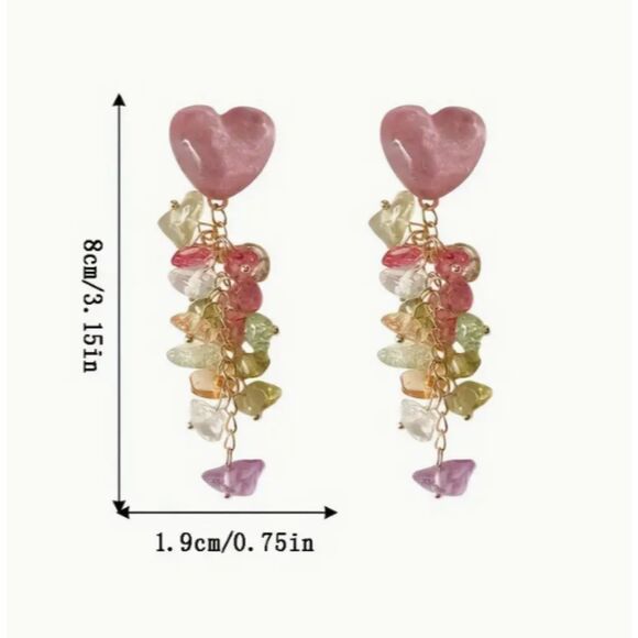 Pink Heart Chunky Stones Dangle Earrings - Picture 4 of 6